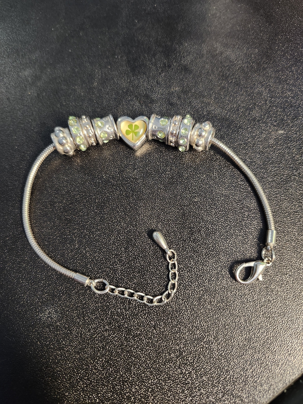 Pandora Style Silver Bracelet with Green Heart Clover Charm